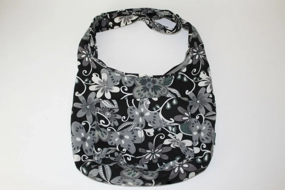 Ming's Bags Black and Grey Floral Print Canvas Hobo Shoulder Bag